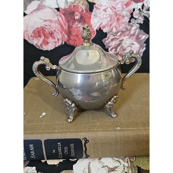 Vintage Silver Plated Footed Sugar Bowl Witchy Cauldron Vanity Decor with Lid - Picture 2 of 5